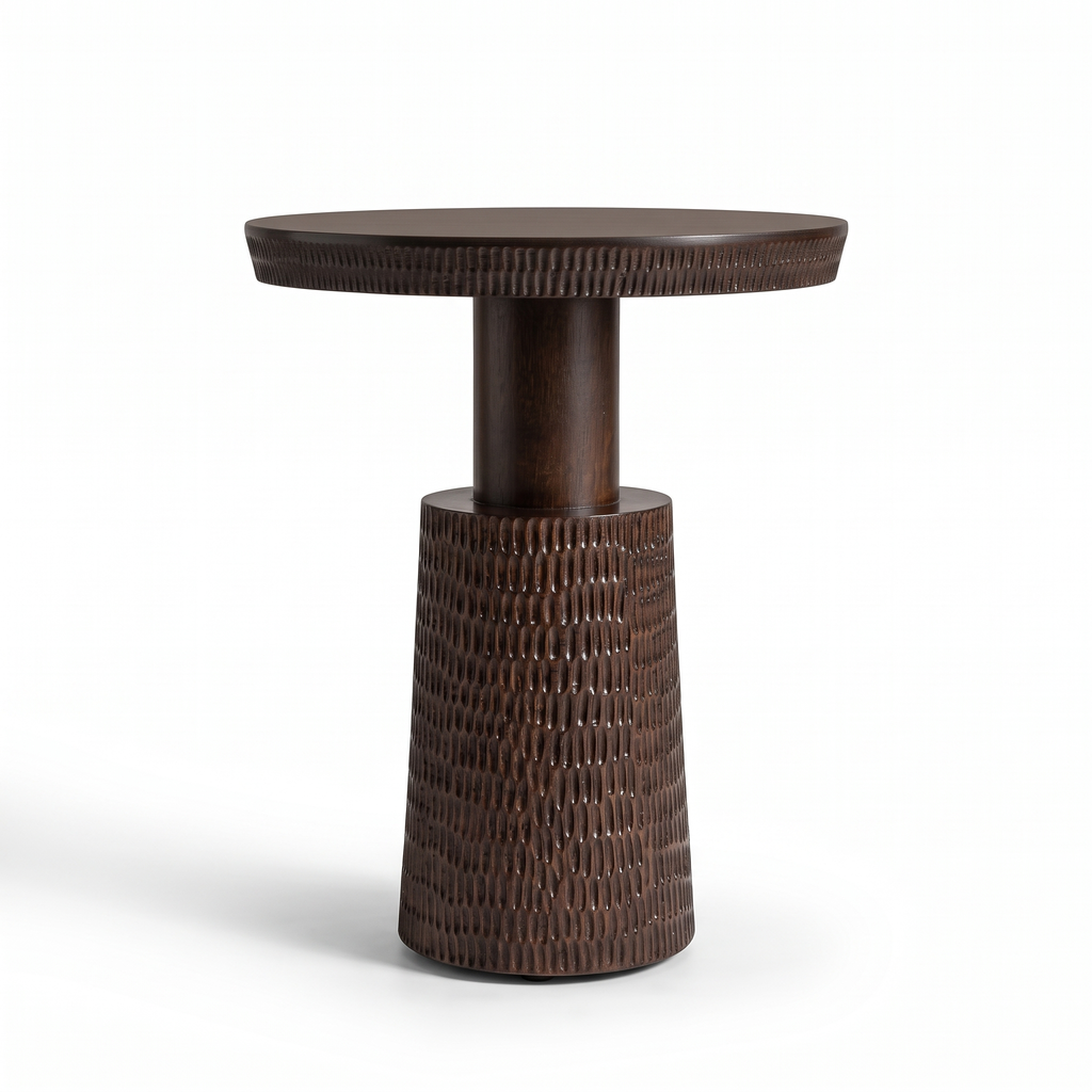 Glenmere Field Dark Walnut Mango Wood Side Table, side view on a white background