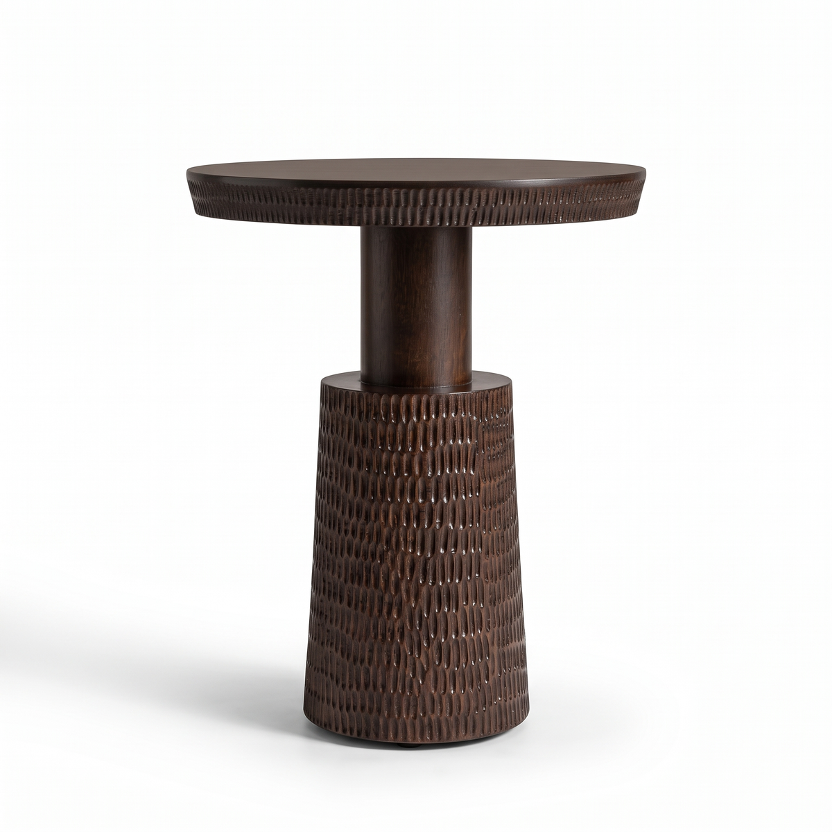Glenmere Field Dark Walnut Mango Wood Side Table, side view on a white background