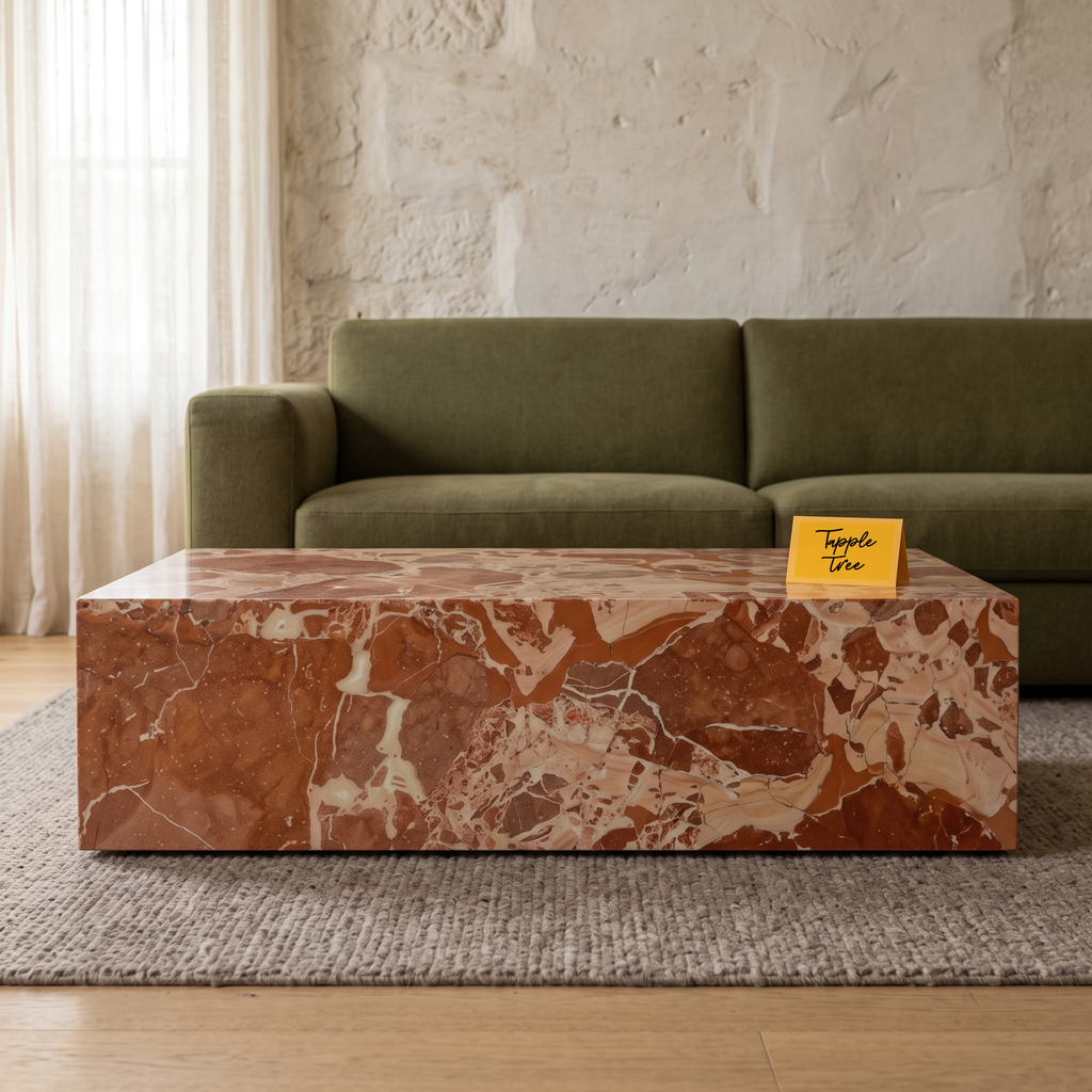 Terra Stone Sculptural Coffee Table, front view in a living room