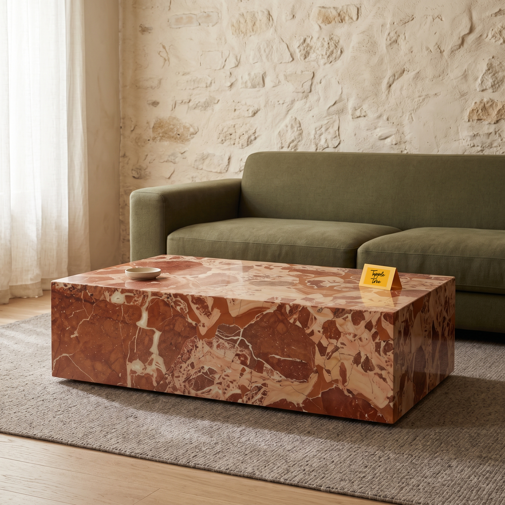 Terra Stone Sculptural Coffee Table, three-quarter view in a living room