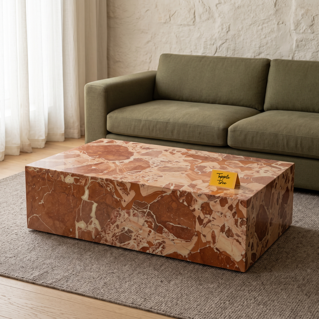 Terra Stone Sculptural Coffee Table, side view in a living room