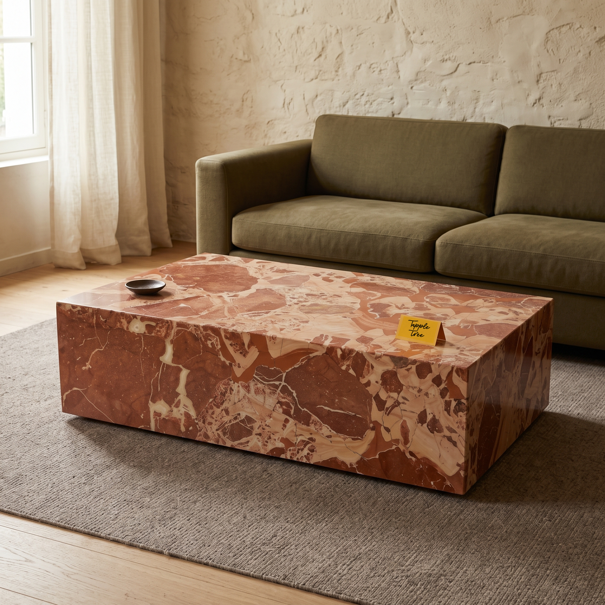 Terra Stone Sculptural Coffee Table, view from above in a living room