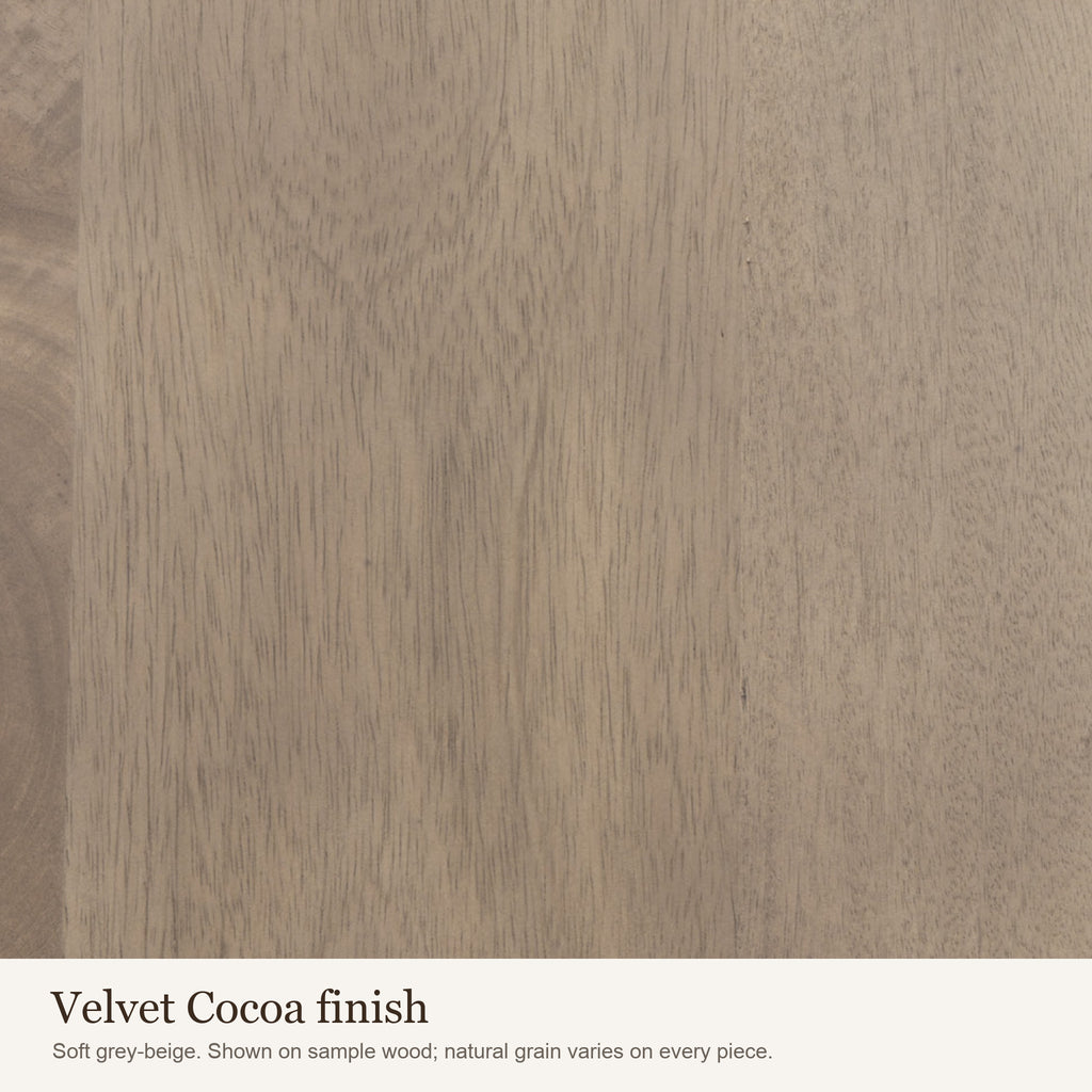 Velvet Cocoa finish swatch: close-up of the soft grey-beige wood colour and grain
