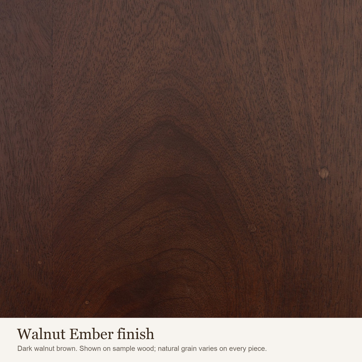 Walnut Ember finish swatch: close-up of the dark walnut brown wood colour and grain
