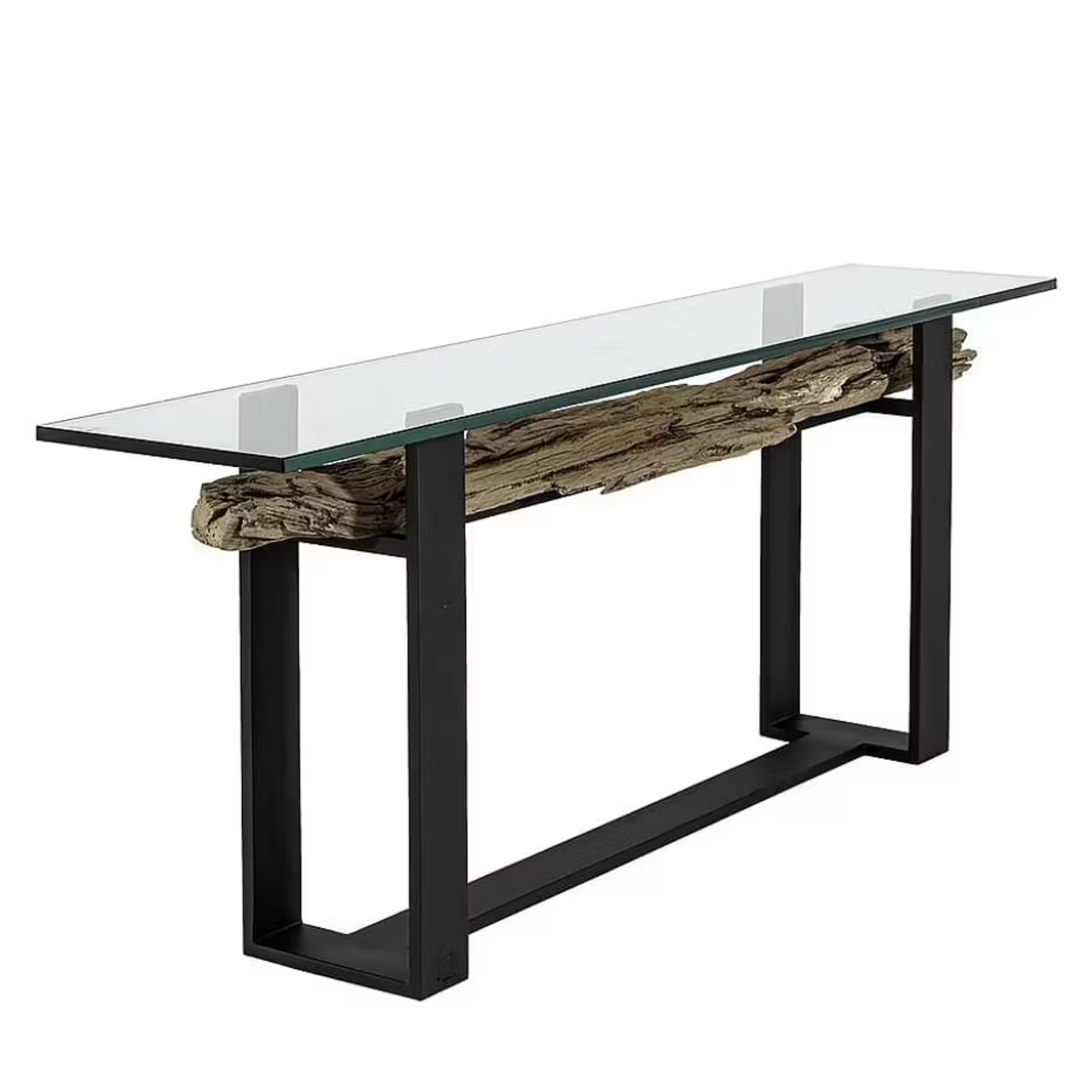 railway sleeper wood and black metal console table with toughened glass