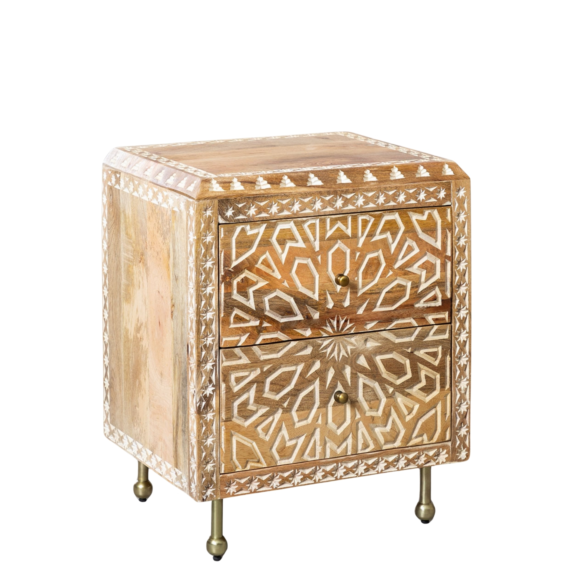 floral distress white engraved solid wood night stand