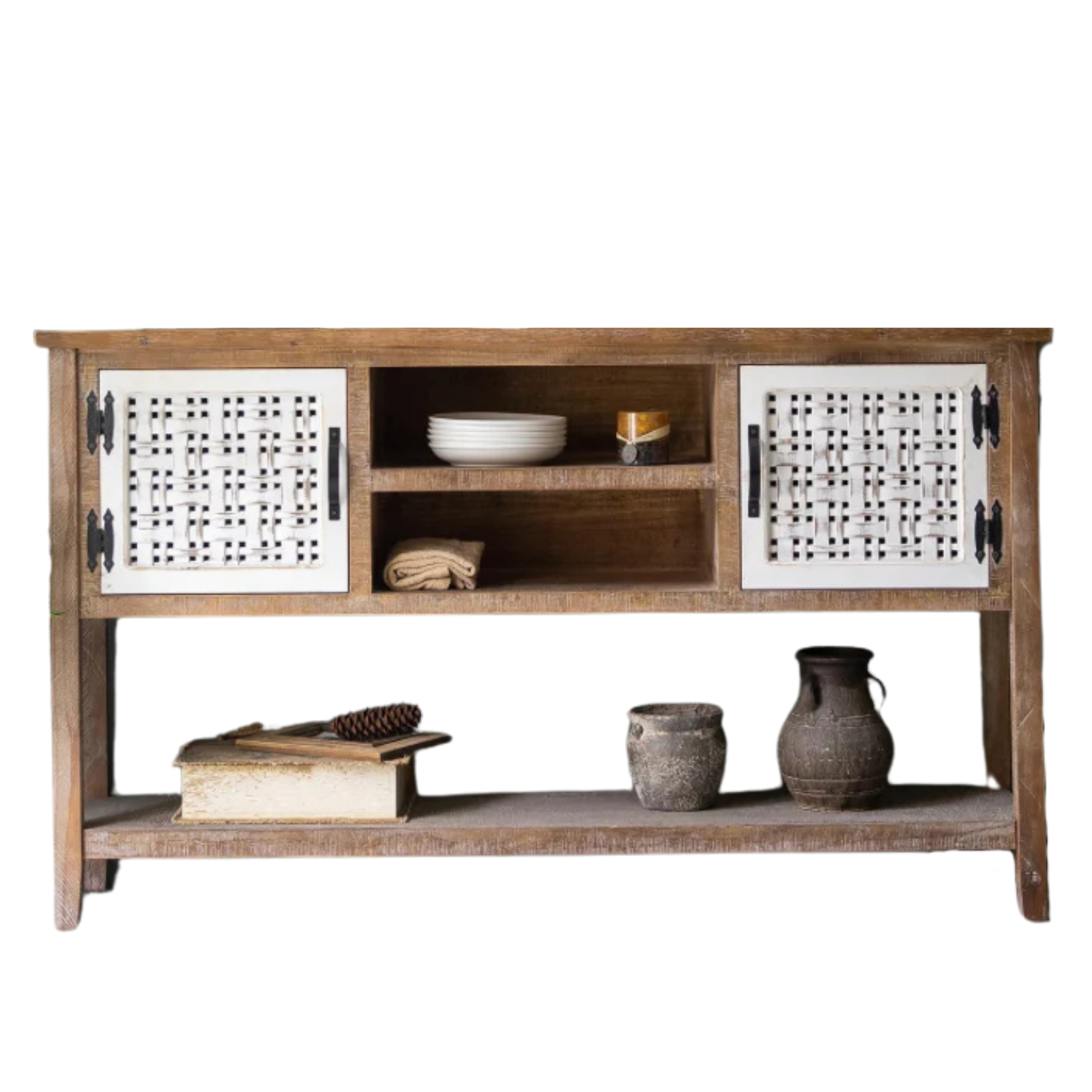 distress jali panels rough wooden console